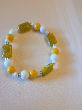 Yellow & White Beaded Stretch Bracelet - Women Jewelry